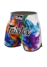 Colorful Fairtex sports shorts with vibrant watercolor design, perfect for boxing and athletic training.