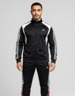 High-quality black and white sports tracksuit with red accents, perfect for training and athletic activities.