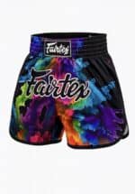 1. Vibrant tie-dye Muay Thai shorts with Faxtex logo, ideal for boxing and MMA training.